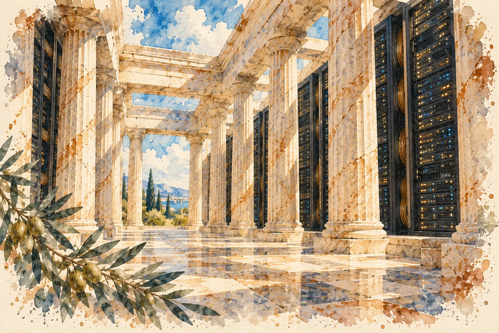 Un templo dórico con racks de servidores entre sus columnas, en acuarela